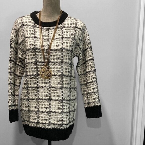 WOOL Knit White Black Tweed Crew Neck Sweater - Picture 1 of 12